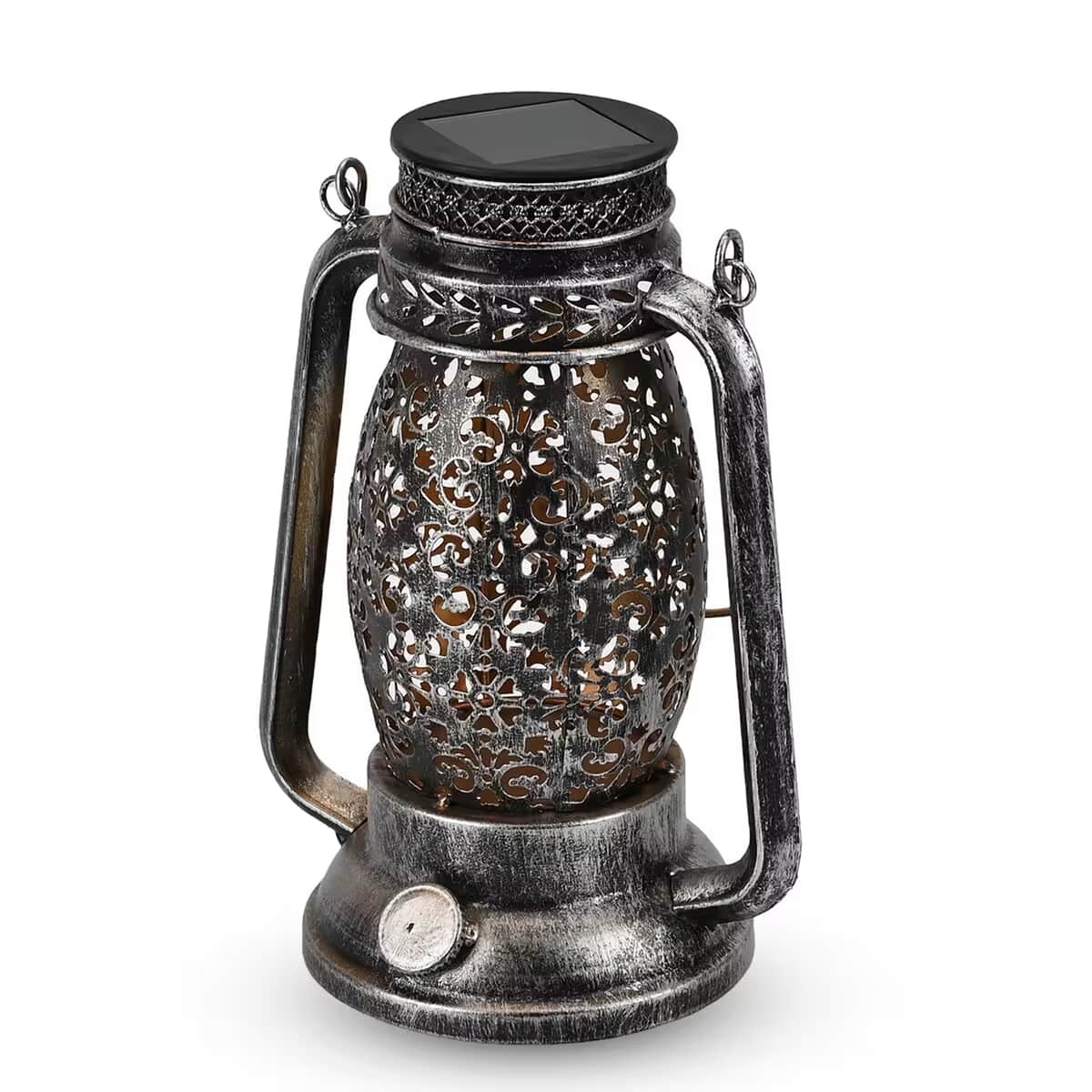 LED Solar Hollowed-Out Design Lantern in Dark Silvertone Metallic Exterior image number 0