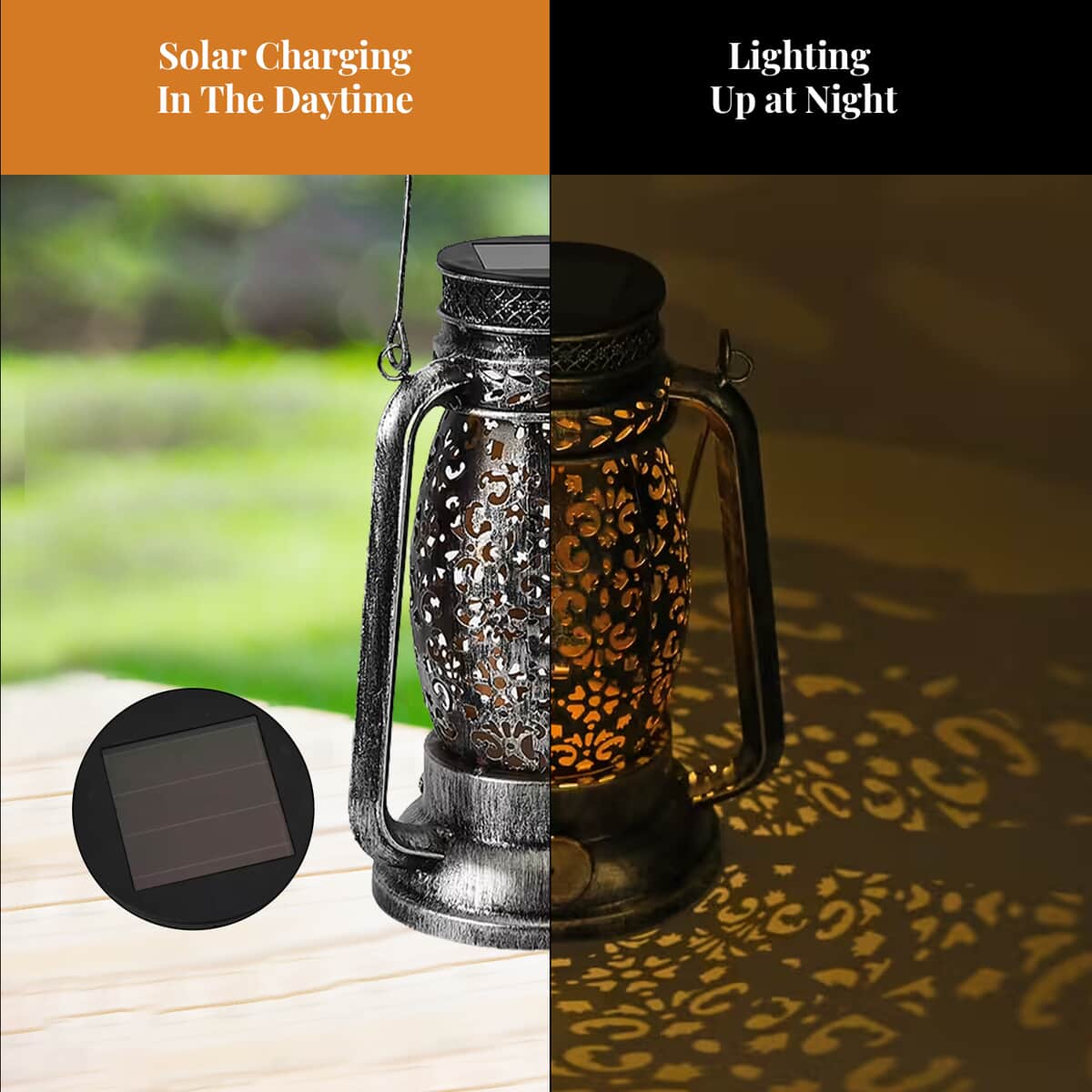 LED Solar Hollowed-Out Design Lantern in Dark Silvertone Metallic Exterior image number 3