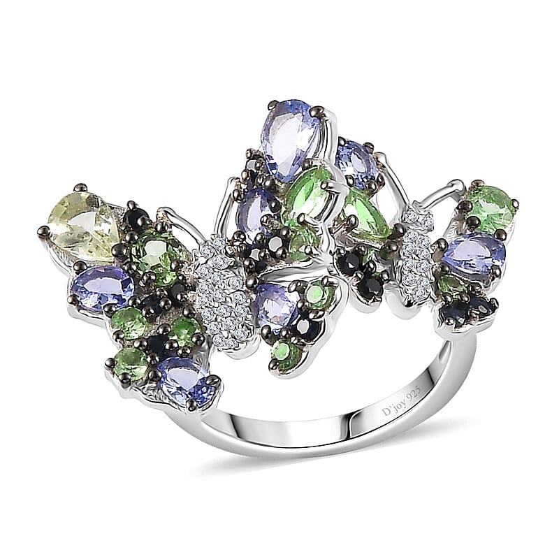 Brazilian Mint Garnet and Multi Gemstone Butterfly Ring in Rhodium Over Sterling Silver (Size 5.0) 2.85 ctw