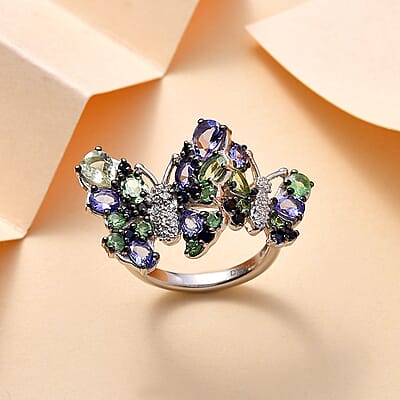Brazilian Mint Garnet and Multi Gemstone Butterfly Ring in Rhodium Over Sterling Silver (Size 5.0) 2.85 ctw