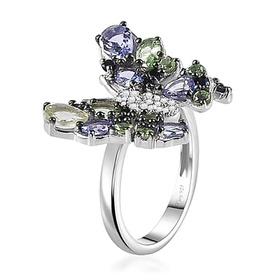 Brazilian Mint Garnet and Multi Gemstone Butterfly Ring in Rhodium Over Sterling Silver (Size 5.0) 2.85 ctw
