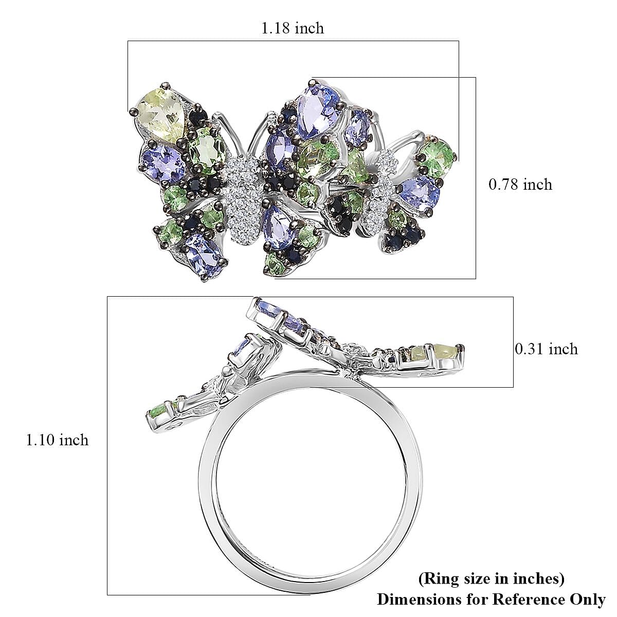 Brazilian Mint Garnet and Multi Gemstone Butterfly Ring in Rhodium Over Sterling Silver (Size 5.0) 2.85 ctw