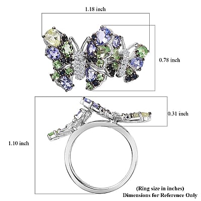 Brazilian Mint Garnet and Multi Gemstone Butterfly Ring in Rhodium Over Sterling Silver (Size 5.0) 2.85 ctw
