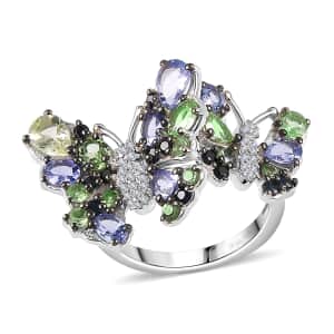 Brazilian Mint Garnet and Multi Gemstone Butterfly Ring in Rhodium Over Sterling Silver (Size 6.0) 2.85 ctw