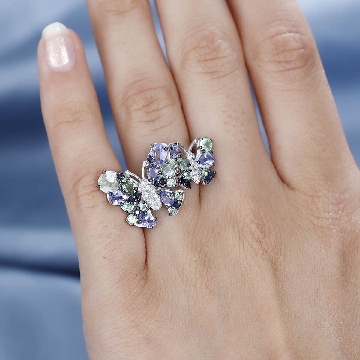 Brazilian Mint Garnet and Multi Gemstone Butterfly Ring in Rhodium Over Sterling Silver (Size 6.0) 2.85 ctw image number 2