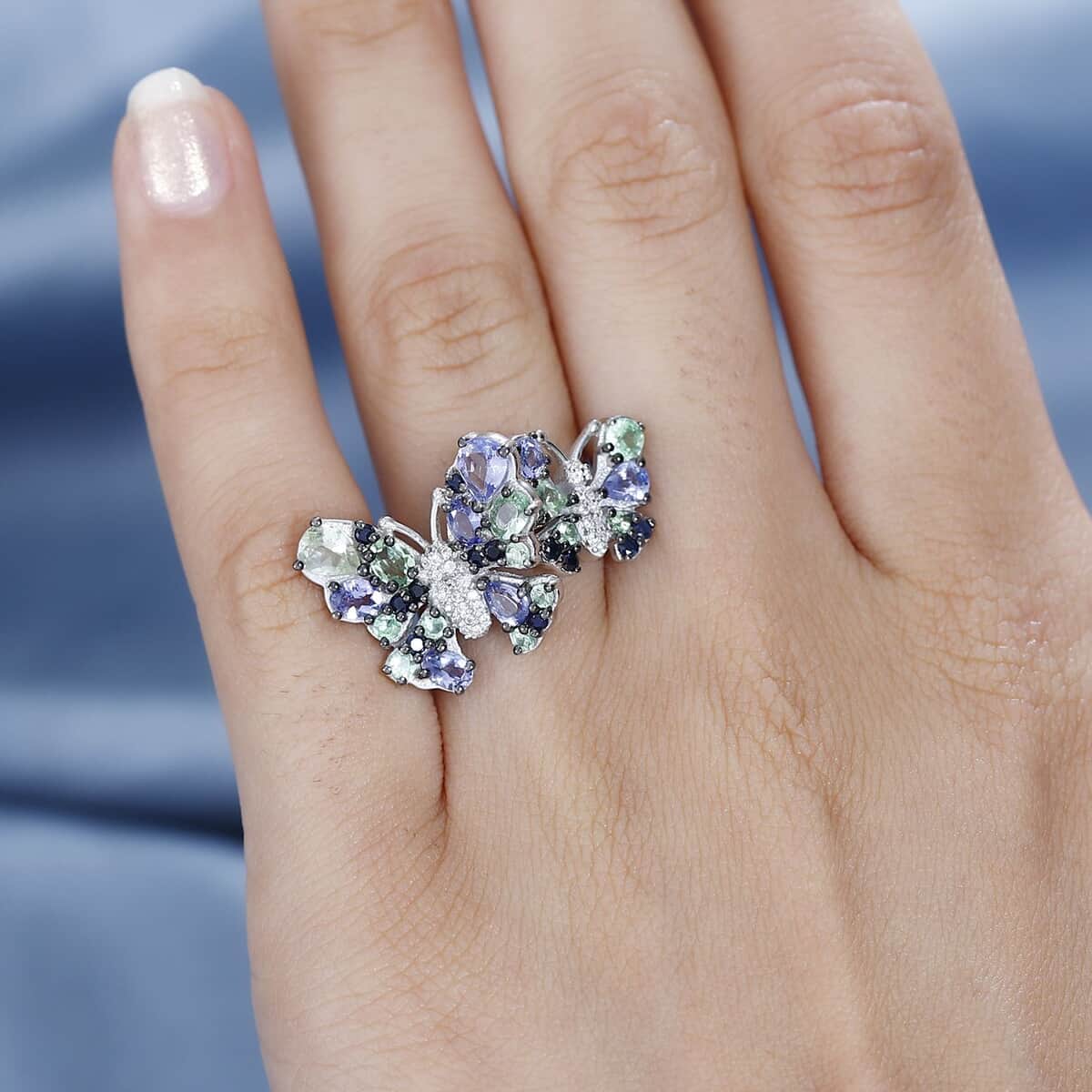 Brazilian Mint Garnet and Multi Gemstone Butterfly Ring in Rhodium Over Sterling Silver (Size 7.0) 2.85 ctw image number 2