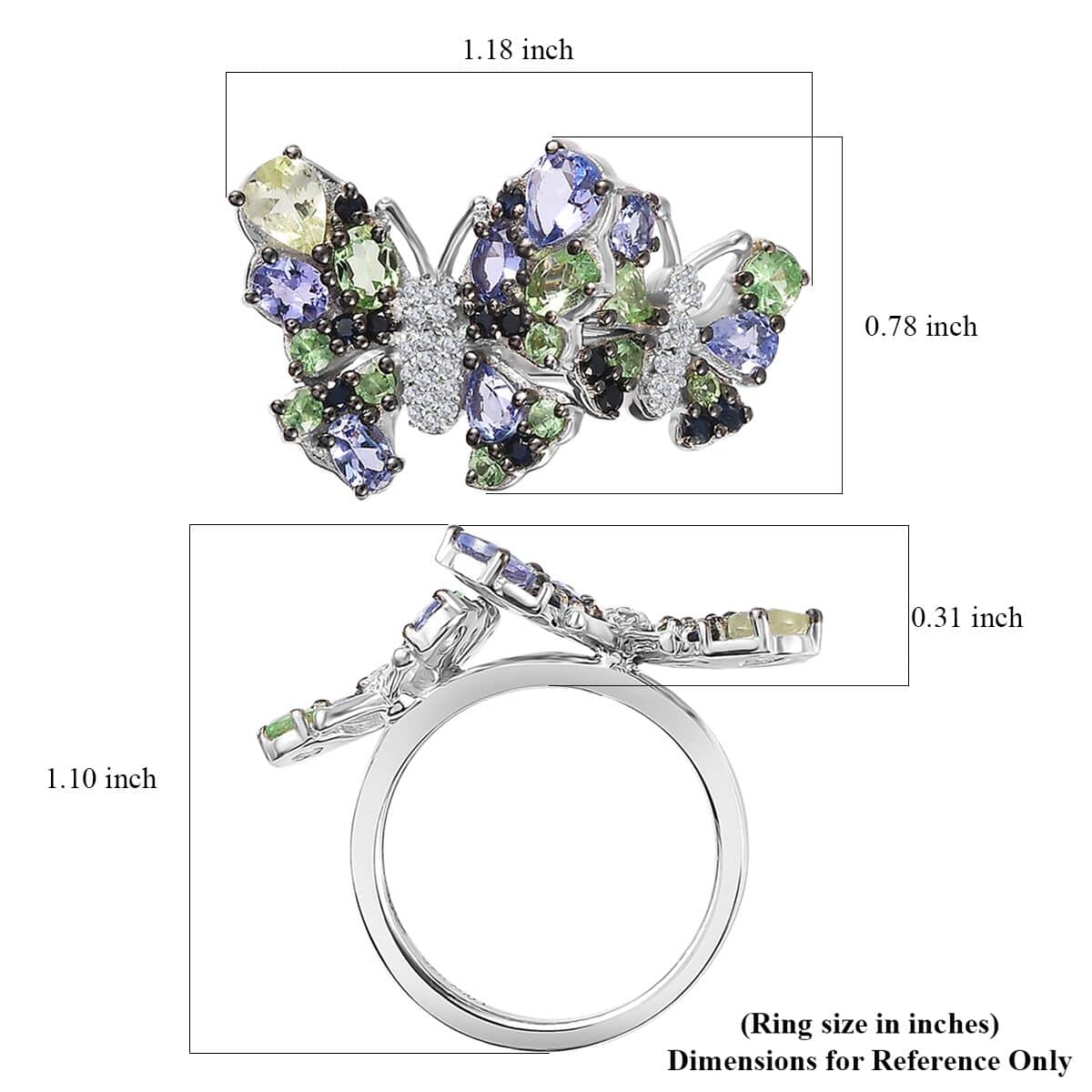 Brazilian Mint Garnet and Multi Gemstone Butterfly Ring in Rhodium Over Sterling Silver (Size 7.0) 2.85 ctw image number 5