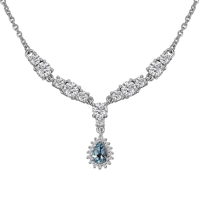 Santa Maria Aquamarine and White Topaz Drop Necklace 18-20 Inches in Rhodium Over Sterling Silver 2.50 ctw