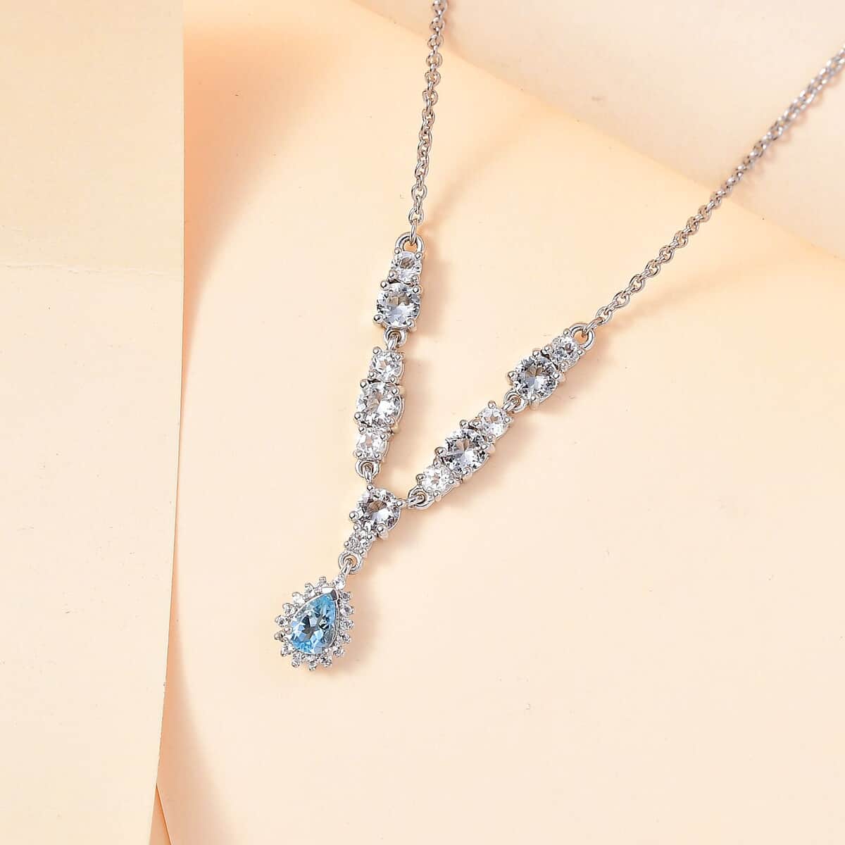 Santa Maria Aquamarine and White Topaz Drop Necklace 18-20 Inches in Rhodium Over Sterling Silver 2.50 ctw image number 1