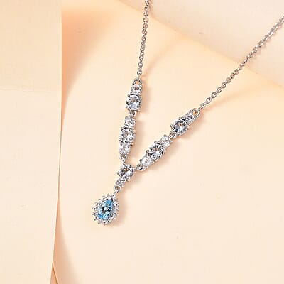 Santa Maria Aquamarine and White Topaz Drop Necklace 18-20 Inches in Rhodium Over Sterling Silver 2.50 ctw