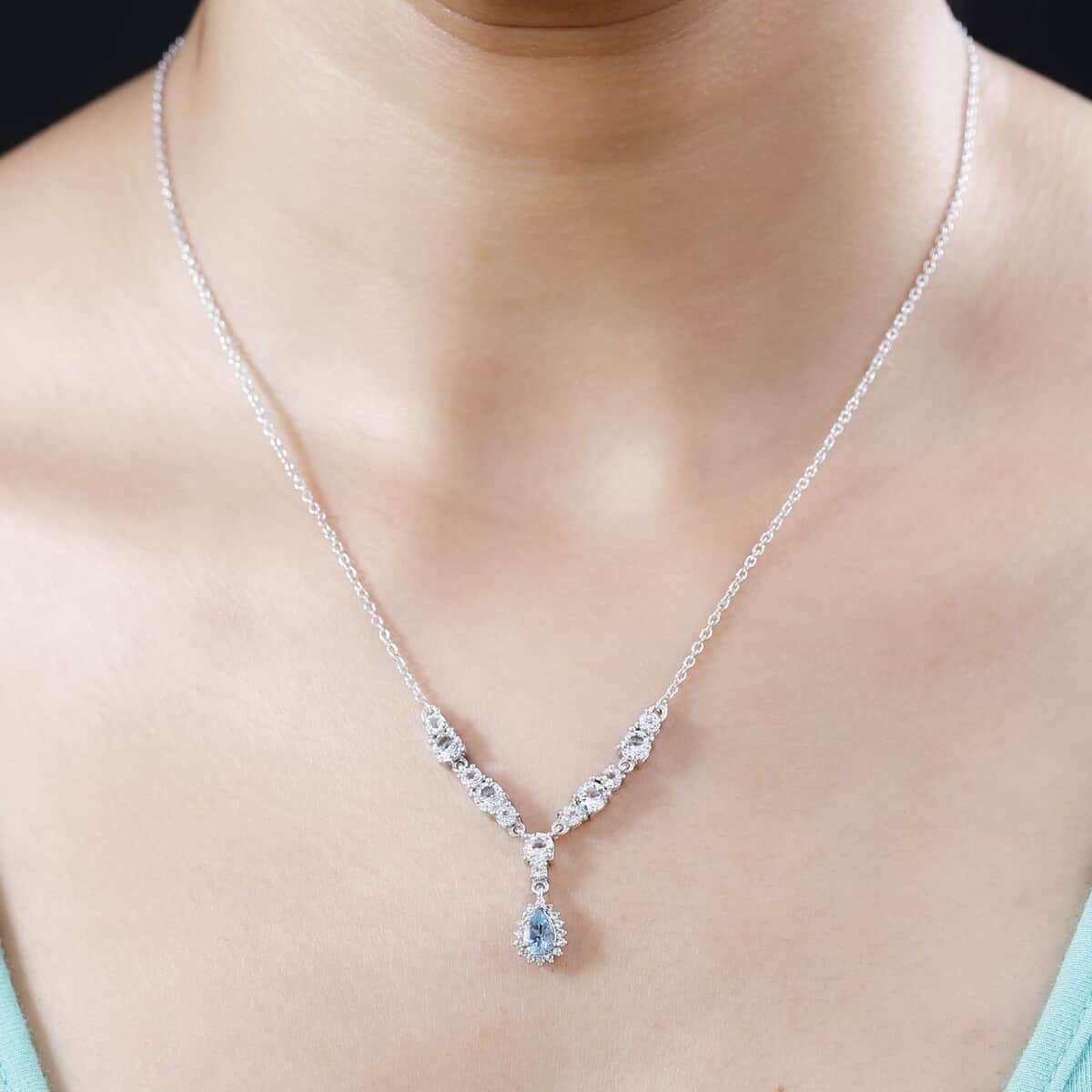 Santa Maria Aquamarine and White Topaz Drop Necklace 18-20 Inches in Rhodium Over Sterling Silver 2.50 ctw image number 2