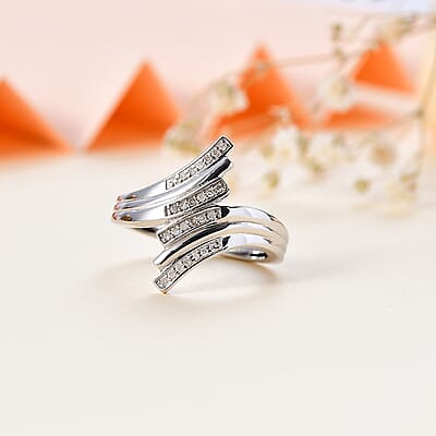 Diamond Bypass Ring in Rhodium Over Sterling Silver (Size 6.0) 0.15 ctw
