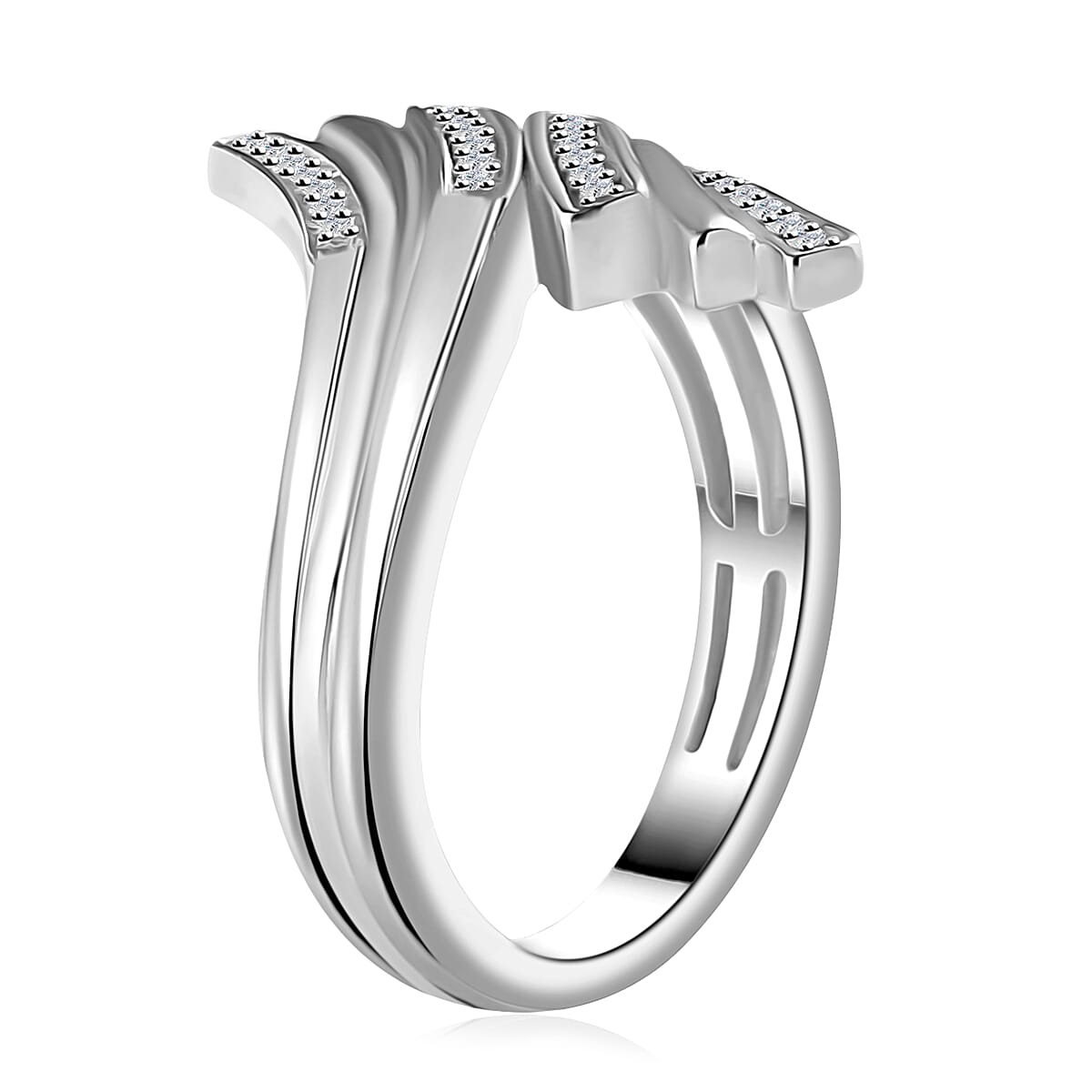 Diamond Bypass Ring in Rhodium Over Sterling Silver (Size 6.0) 0.15 ctw