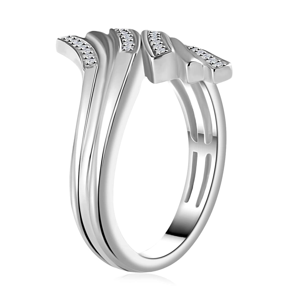 Diamond Bypass Ring in Rhodium Over Sterling Silver (Size 6.0) 0.15 ctw image number 3