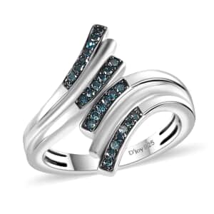 Blue Diamond Bypass Ring in Rhodium Over Sterling Silver (Size 8.0) 0.15 ctw