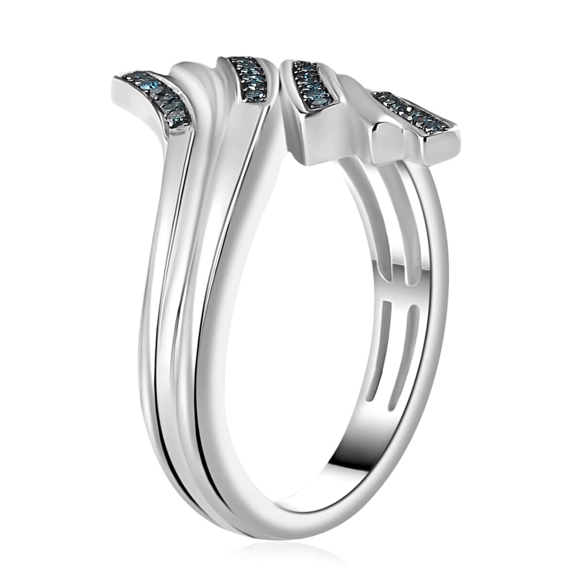 Blue Diamond Bypass Ring in Rhodium Over Sterling Silver (Size 8.0) 0.15 ctw image number 3