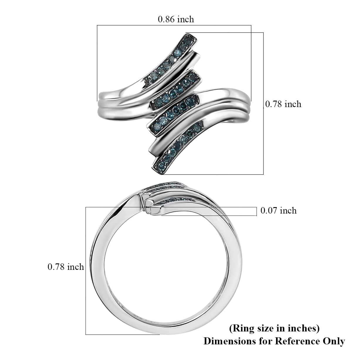 Blue Diamond Bypass Ring in Rhodium Over Sterling Silver (Size 8.0) 0.15 ctw image number 5