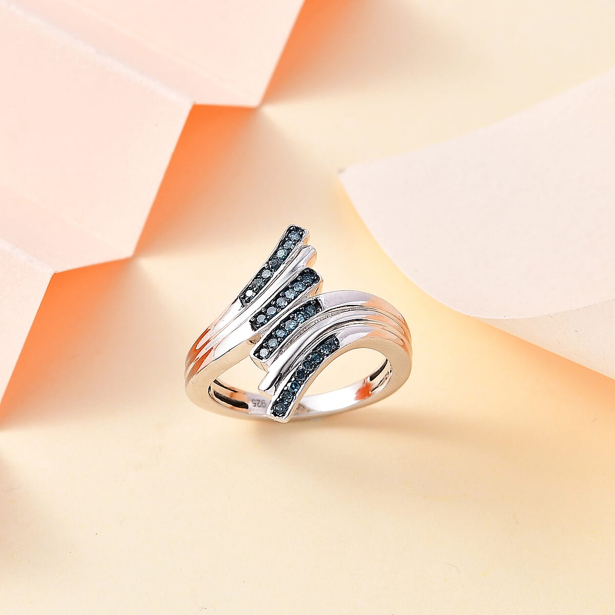 Blue Diamond Bypass Ring in Rhodium Over Sterling Silver (Size 9.0) 0.15 ctw image number 1