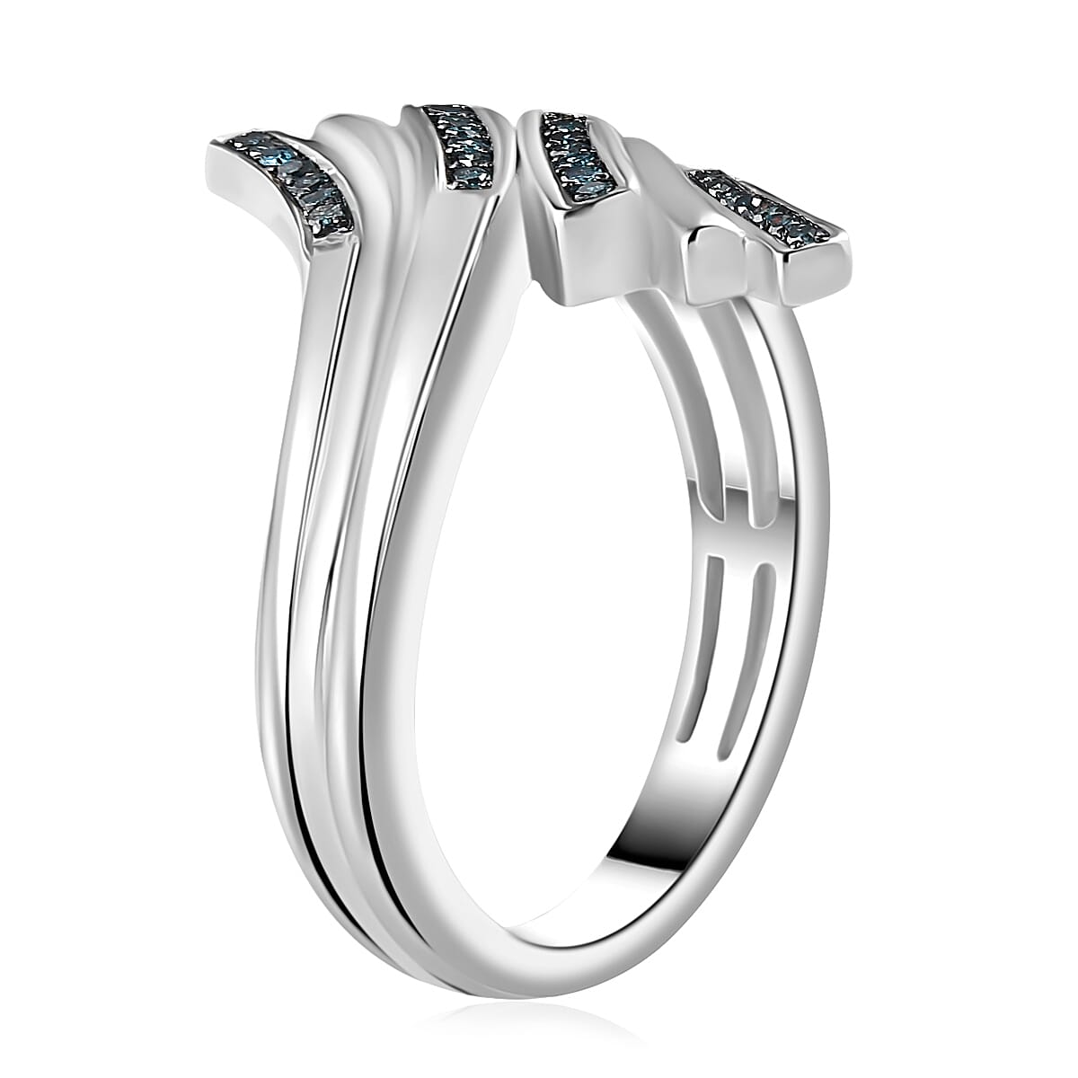 Blue Diamond Bypass Ring in Rhodium Over Sterling Silver (Size 9.0) 0.15 ctw image number 3