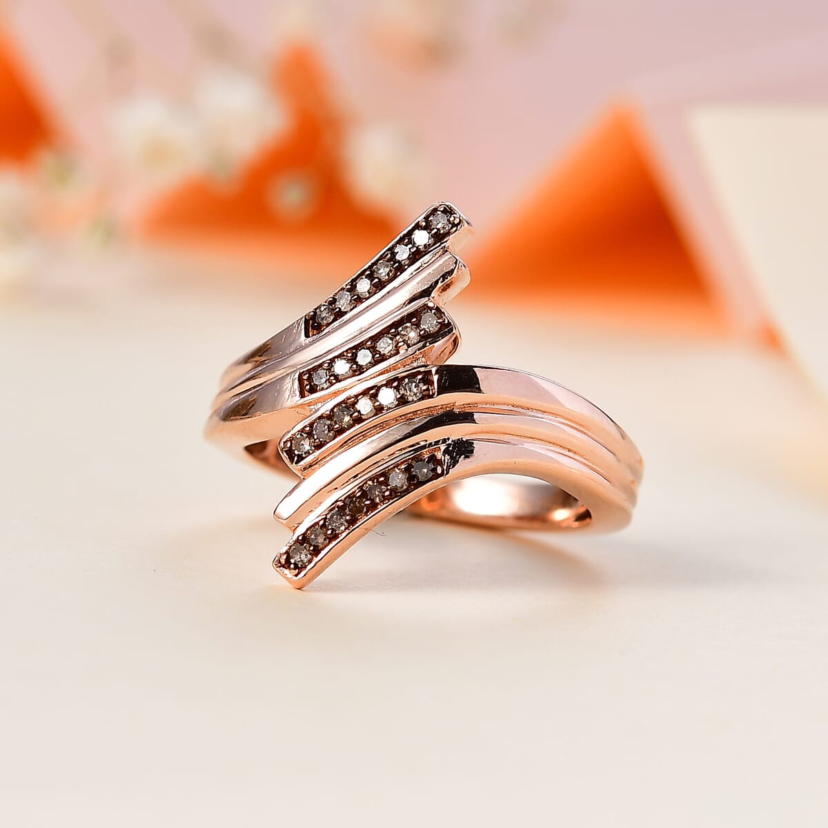 Natural Champagne Diamond Bypass Ring in 18K Vermeil Rose Gold Over Sterling Silver (Size 9.0) 0.15 ctw image number 1