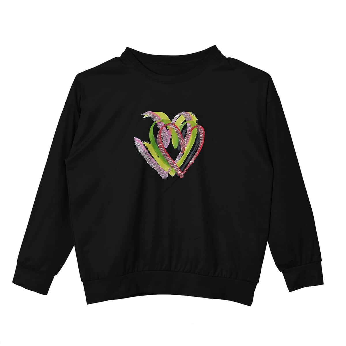 Tamsy Black Round Neck Sparkly Heart Print Long Sleeve Top (S-L) image number 0