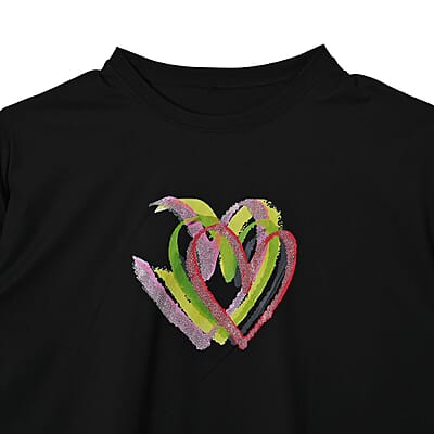Tamsy Black Round Neck Sparkly Heart Print Long Sleeve Top (S-L)