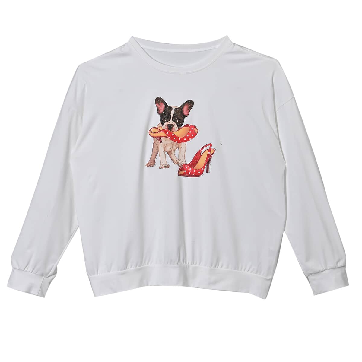 Tamsy White Round Neck Sparkly Dog Print Long Sleeve Top (S-L) image number 0