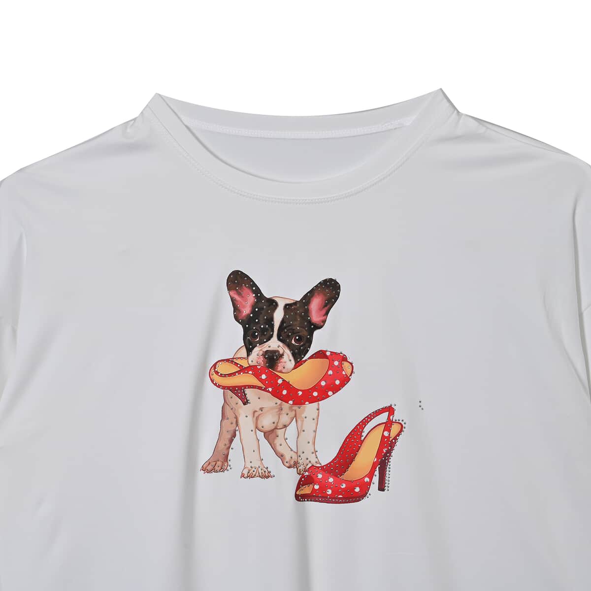 Tamsy White Round Neck Sparkly Dog Print Long Sleeve Top (S-L) image number 2