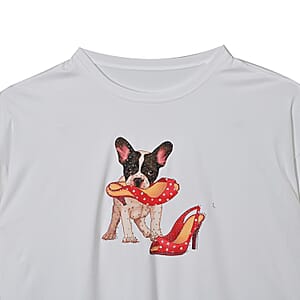Tamsy White Round Neck Sparkly Dog Print Long Sleeve Top (L-XL)