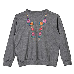 Tamsy Gray Round Neck Sparkly Rose Print Long Sleeve Top (S-L)