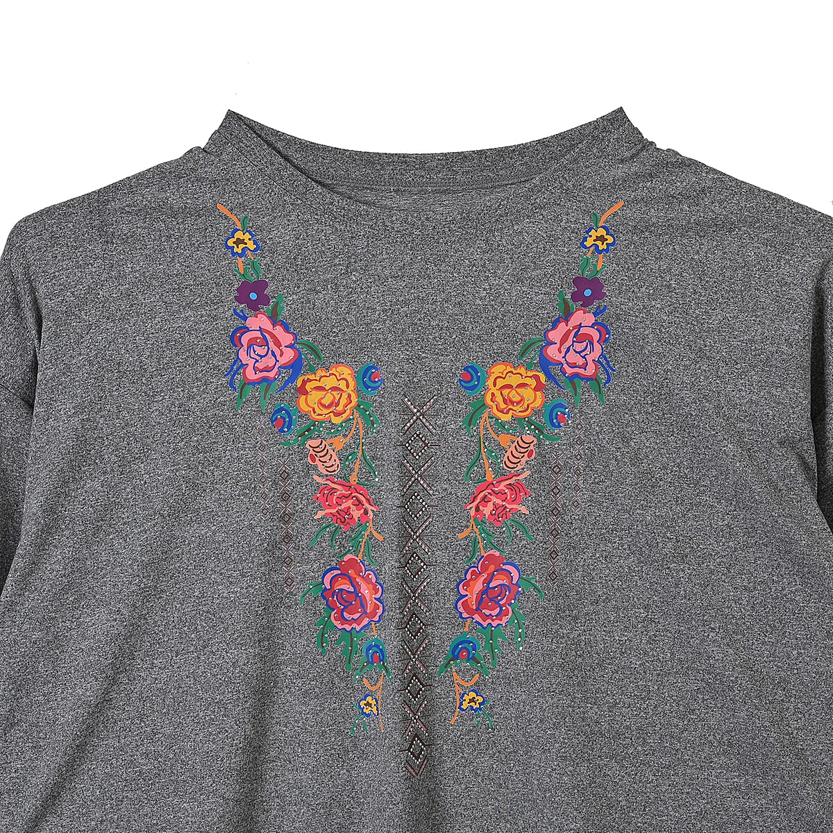 Tamsy Gray Round Neck Sparkly Rose Print Long Sleeve Top (S-L) image number 2