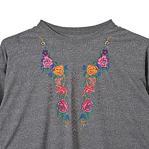Tamsy Gray Round Neck Sparkly Rose Print Long Sleeve Top (S-L)