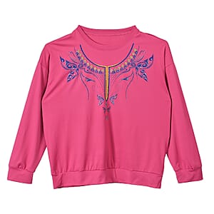 Tamsy Pink Round Neck Sparkly Butterfly & Floral Print Long Sleeve Top (S-L)