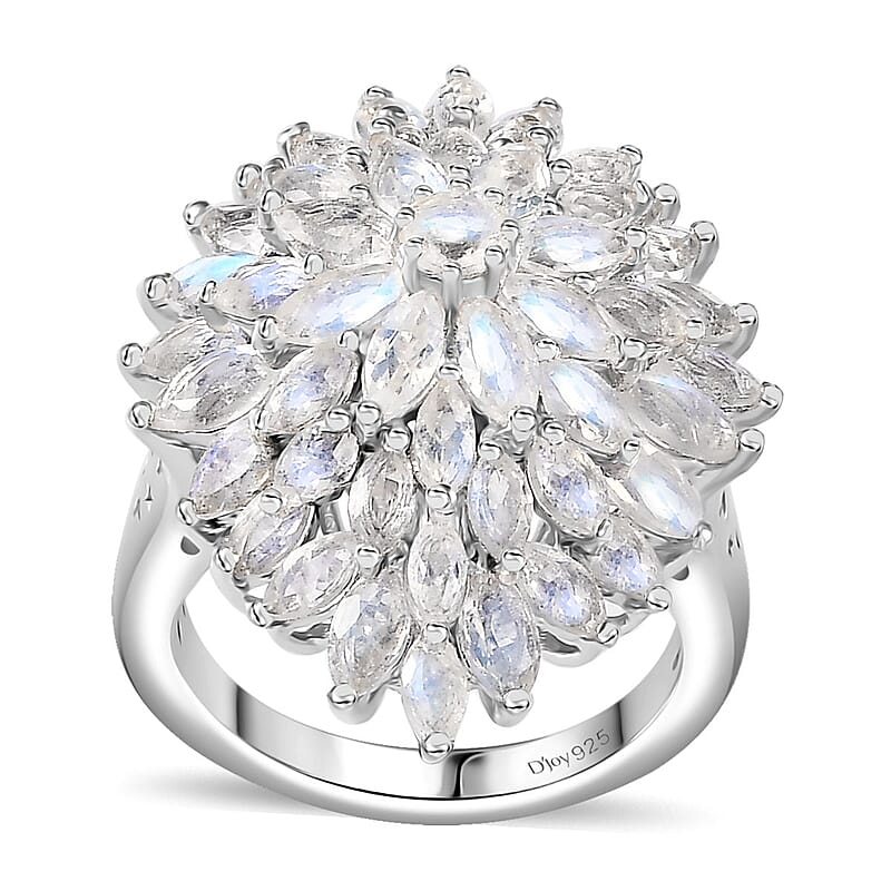 Moon Glow Moonstone Dahlia Floral Sparkle, Star and Moon Ring in Rhodium Over Sterling Silver (Size 6.0) 5.40 ctw