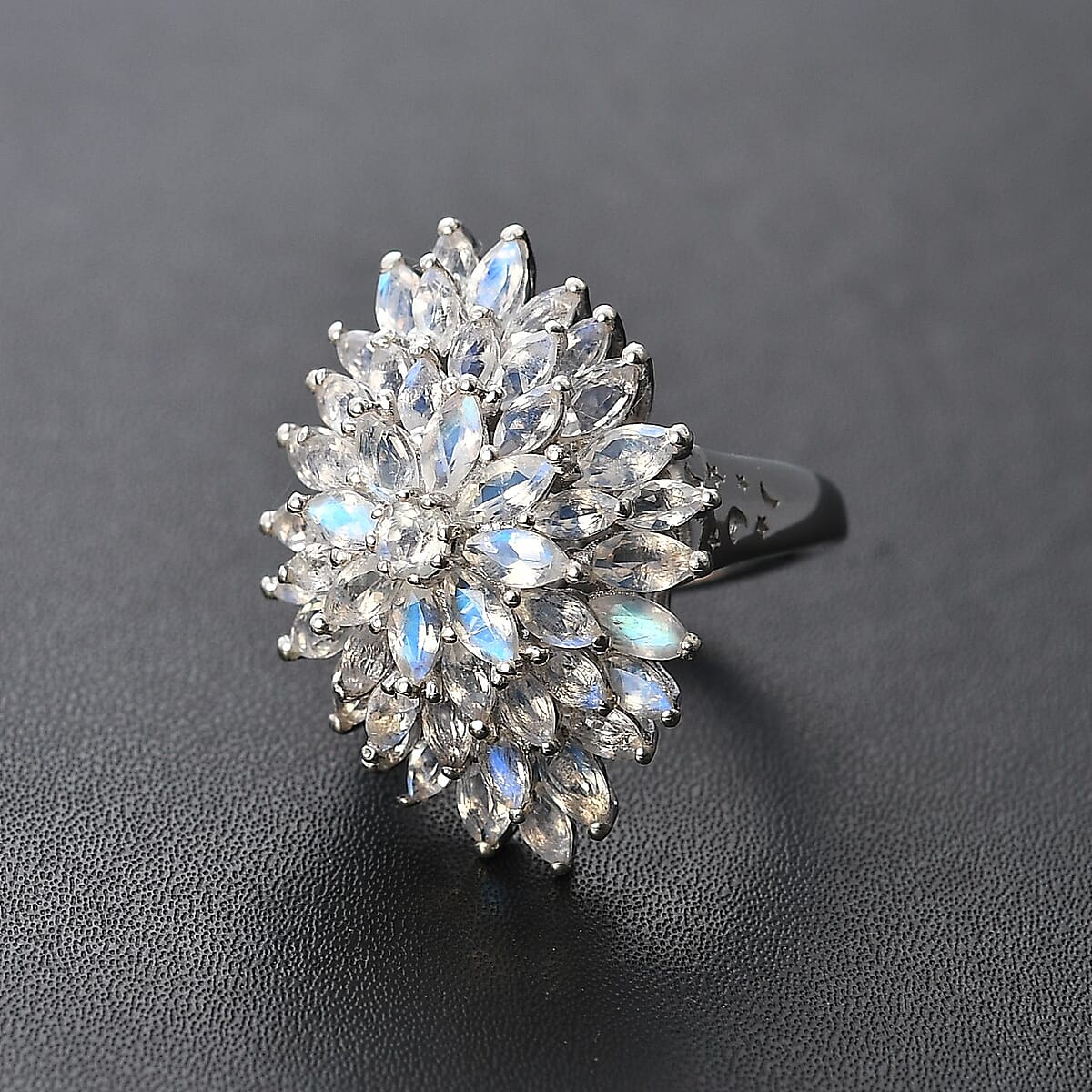 Moon Glow Moonstone Dahlia Floral Sparkle, Star and Moon Ring in Rhodium Over Sterling Silver (Size 6.0) 5.40 ctw image number 1