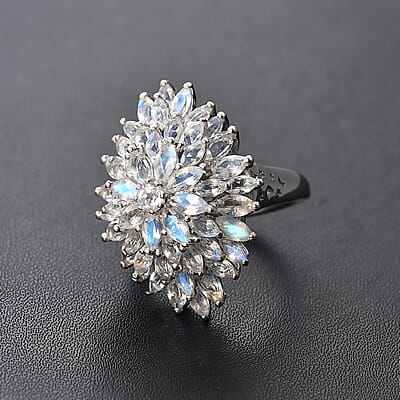 Moon Glow Moonstone Dahlia Floral Sparkle, Star and Moon Ring in Rhodium Over Sterling Silver (Size 6.0) 5.40 ctw