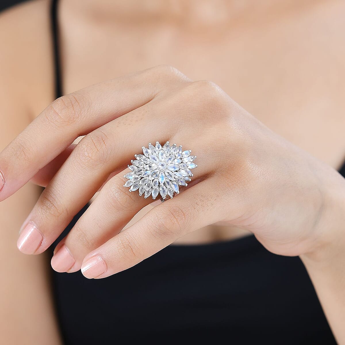 Moon Glow Moonstone Dahlia Floral Sparkle, Star and Moon Ring in Rhodium Over Sterling Silver (Size 6.0) 5.40 ctw image number 2