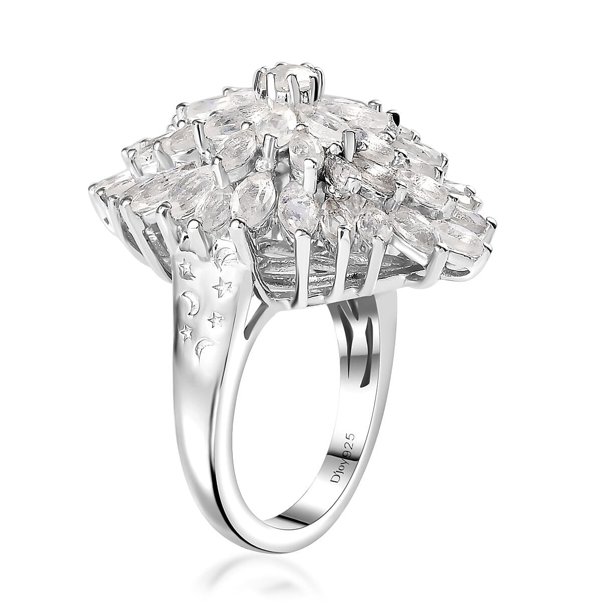 Moon Glow Moonstone Dahlia Floral Sparkle, Star and Moon Ring in Rhodium Over Sterling Silver (Size 6.0) 5.40 ctw image number 3