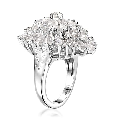 Moon Glow Moonstone Dahlia Floral Sparkle, Star and Moon Ring in Rhodium Over Sterling Silver (Size 6.0) 5.40 ctw