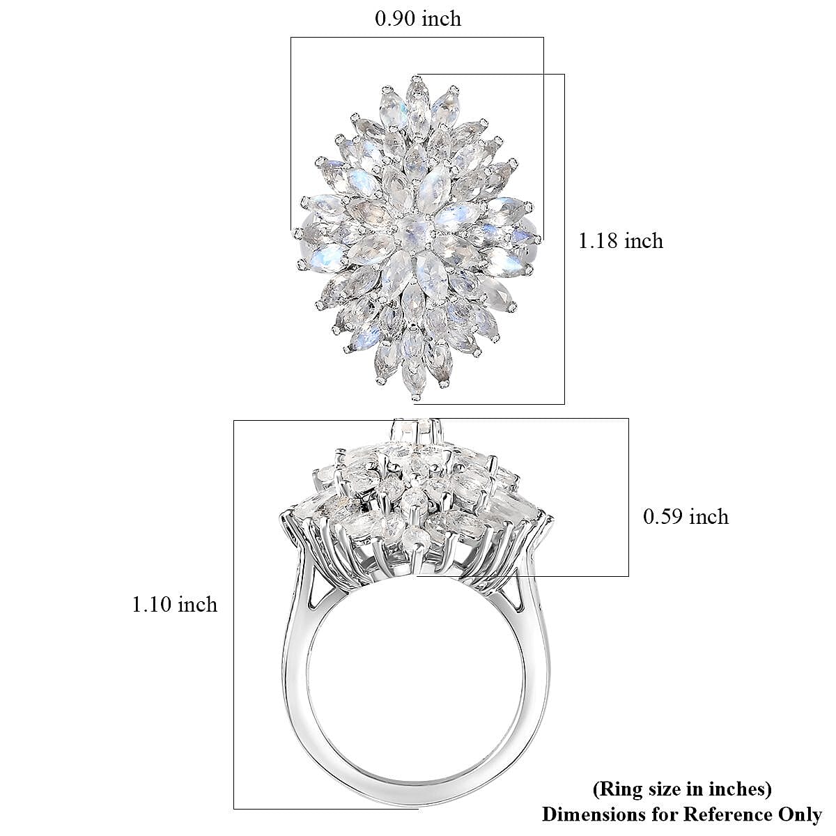 Moon Glow Moonstone Dahlia Floral Sparkle, Star and Moon Ring in Rhodium Over Sterling Silver (Size 6.0) 5.40 ctw