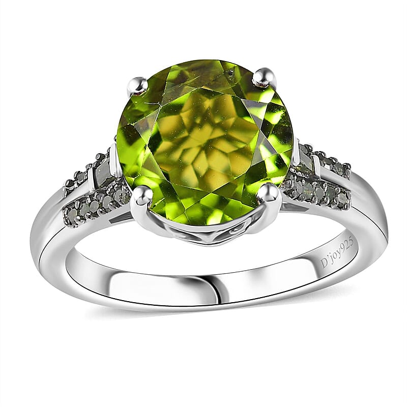 Hebei Peridot and Green Diamond Ring in Rhodium Over Sterling Silver (Size 6.0) 4.40 ctw