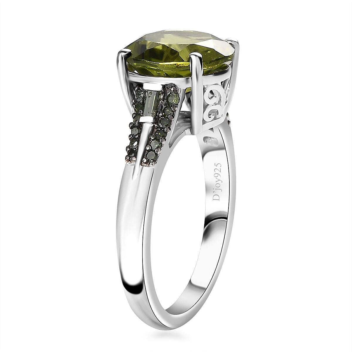 Hebei Peridot and Green Diamond Ring in Rhodium Over Sterling Silver (Size 6.0) 4.40 ctw