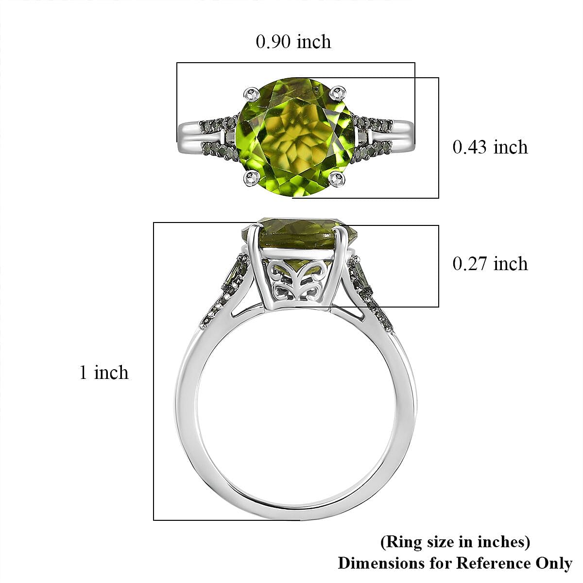 Hebei Peridot and Green Diamond Ring in Rhodium Over Sterling Silver (Size 6.0) 4.40 ctw