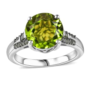 Peridot and Green Diamond Ring in Rhodium Over Sterling Silver (Size 7.0) 4.40 ctw
