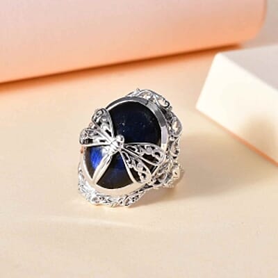 Labradorite 19.26 ctw Fancy Ring in Rhodium Over Sterling Silver (Size 6.5)