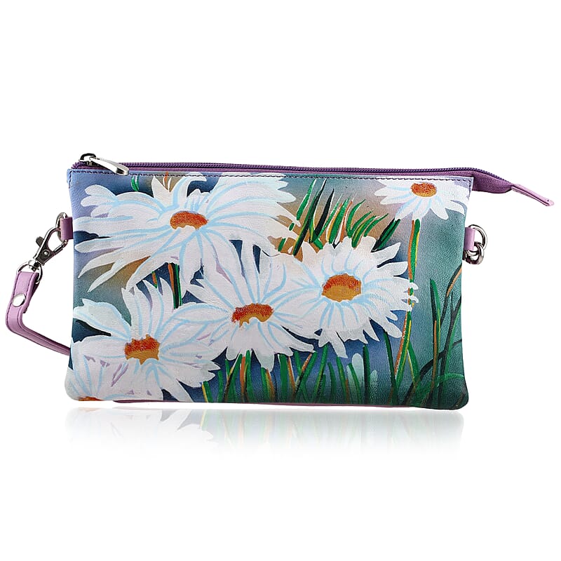 Pink Daisy Genuine Leather Crossbody Bag with Adjustable Shoulder Strap