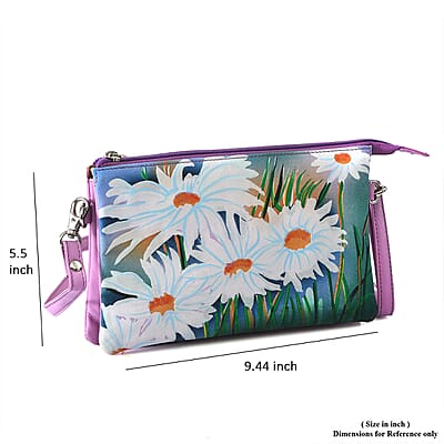 Pink Daisy Genuine Leather Crossbody Bag with Adjustable Shoulder Strap