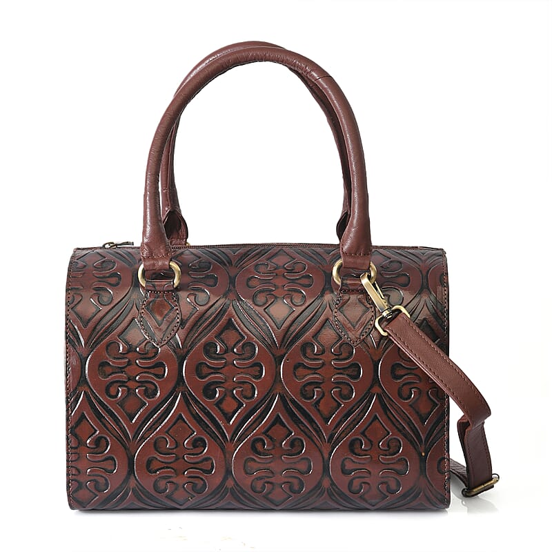 Tan Genuine Leather Crossbody or Sling Bag with 2 Top Handle Drop and Adjustable Detachable Shoulder Strap