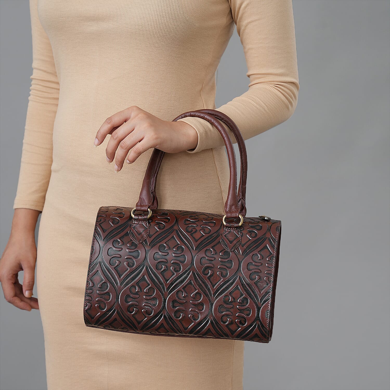Tan Genuine Leather Crossbody or Sling Bag with 2 Top Handle Drop and Adjustable Detachable Shoulder Strap