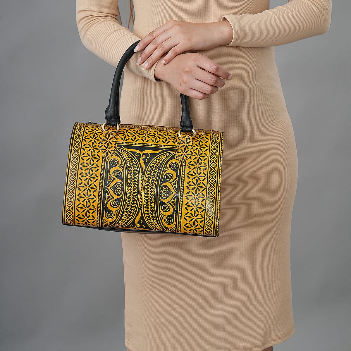 Yellow Genuine Leather Crossbody or Sling Bag with 2 Top Handle Drop and Adjustable Detachable Shoulder Strap image number 1
